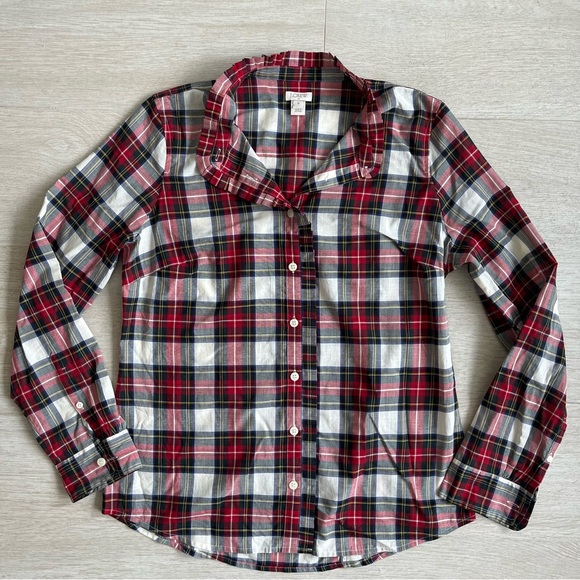 J.Crew red cotton button down shirt. Red, black, and white flannel. 100% cotton. - Picture 2 of 5